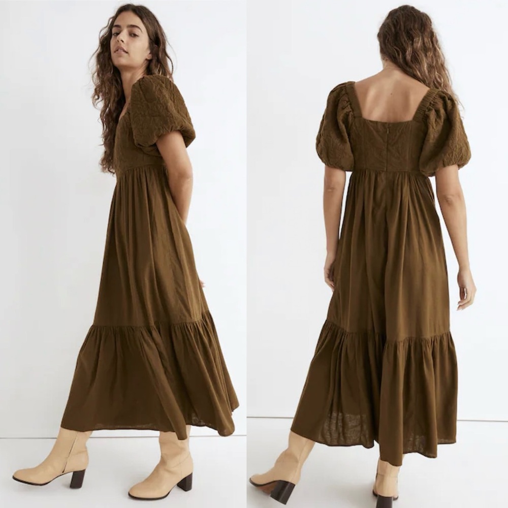 Madewell Tiered Midi Dress Quilted Hemp Blend Olive Green NH112 Size 10 Boho - Picture 4 of 15